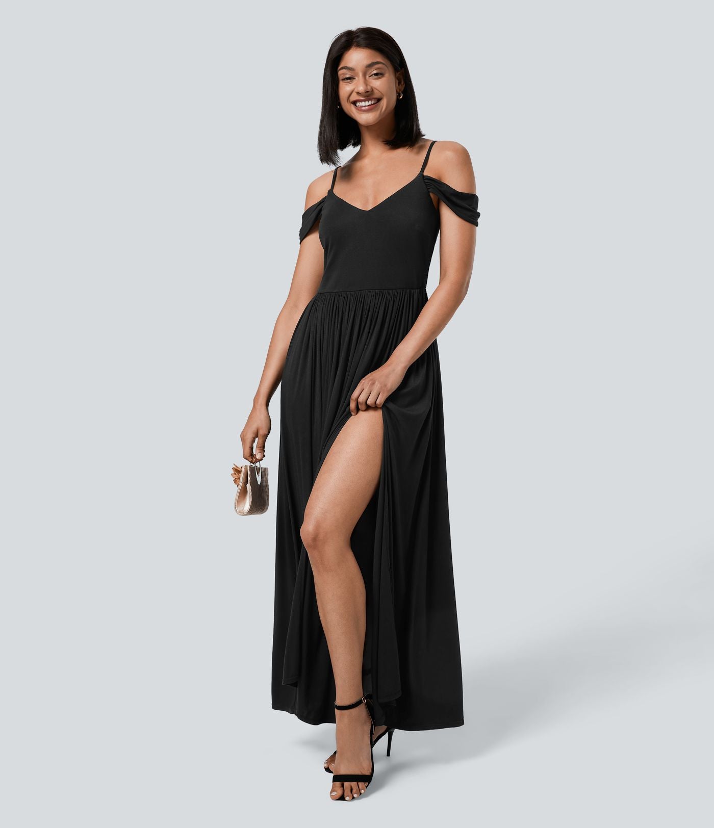 Robe Maxi Fluide Épaules Dénudées avec Poches Latérales Ourlet Fendu Tissu Côtelé Demoiselles d'Honneur et Invités de Mariage
