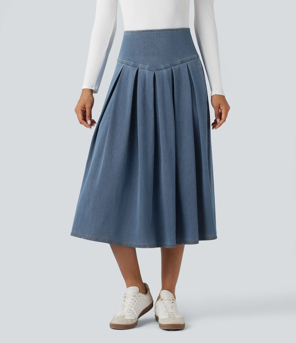 Jupe mi-longue décontractée plissée gainante taille haute effet denim avec poches Halara Flex™