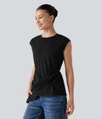 Top casual col rond manches courtes ourlet asymétrique torsadé