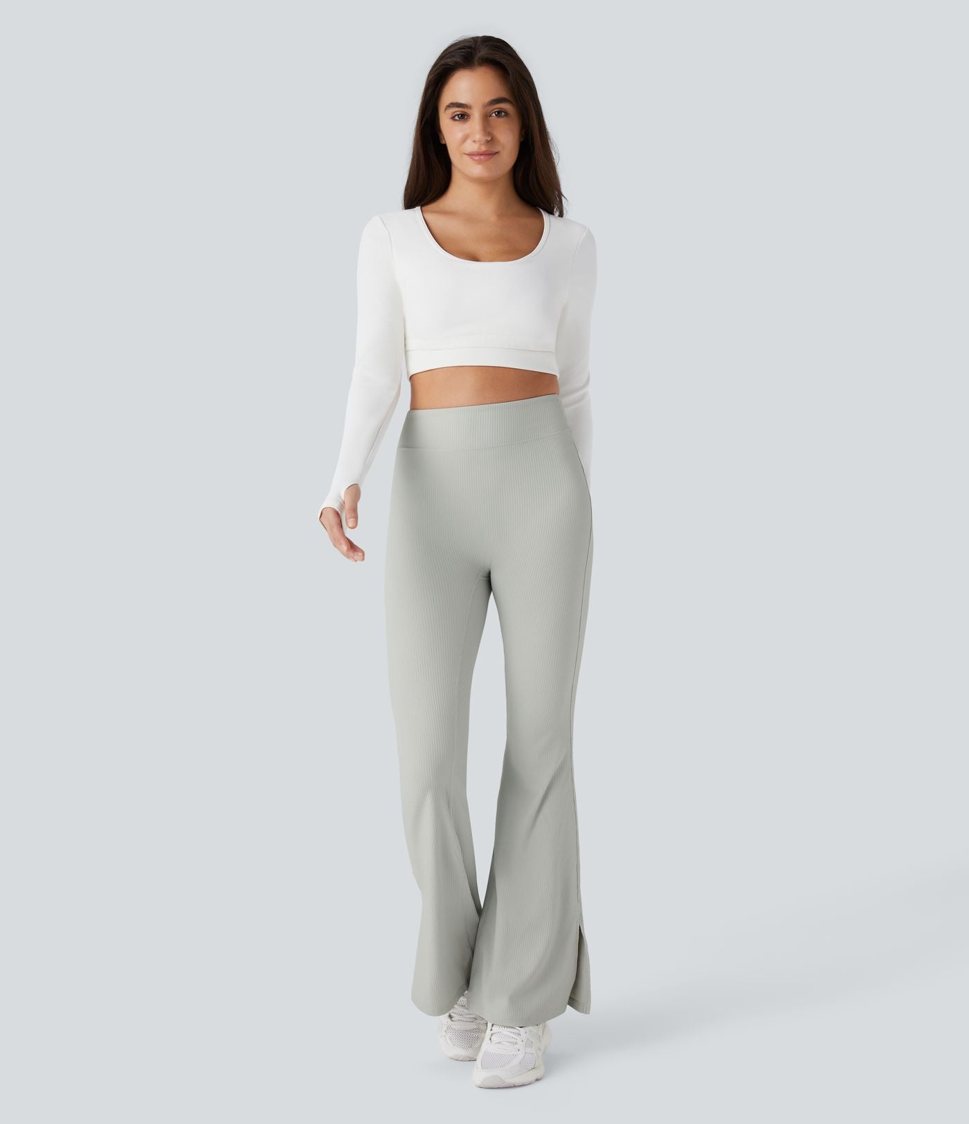 Pantalon Yoga Longs Taille Haute Évasés Fente en Tricot Côtelé