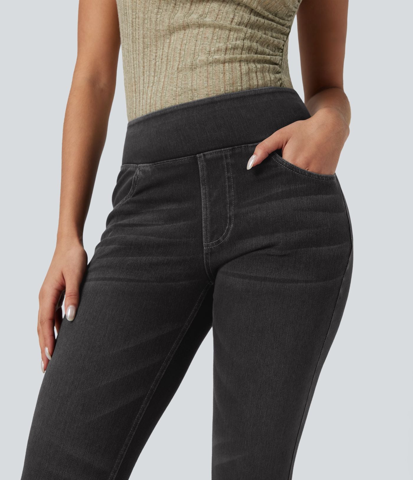 Leggings capri Halara Flex™ en jean extensible tricoté à taille haute et poches