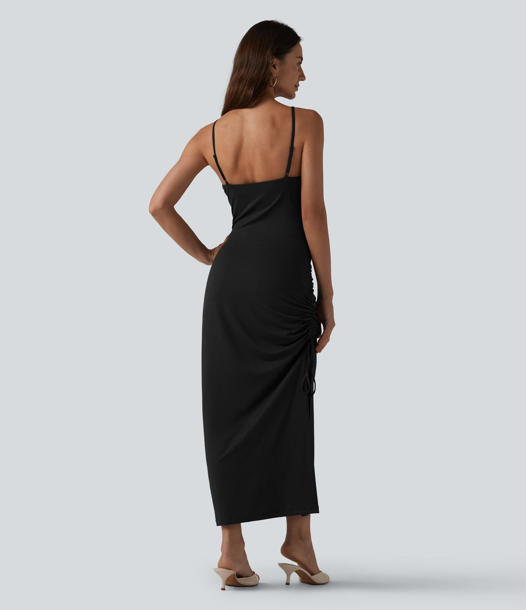 Robe midi moulante à col en V rembourrage non amovible et fronces à cordon
