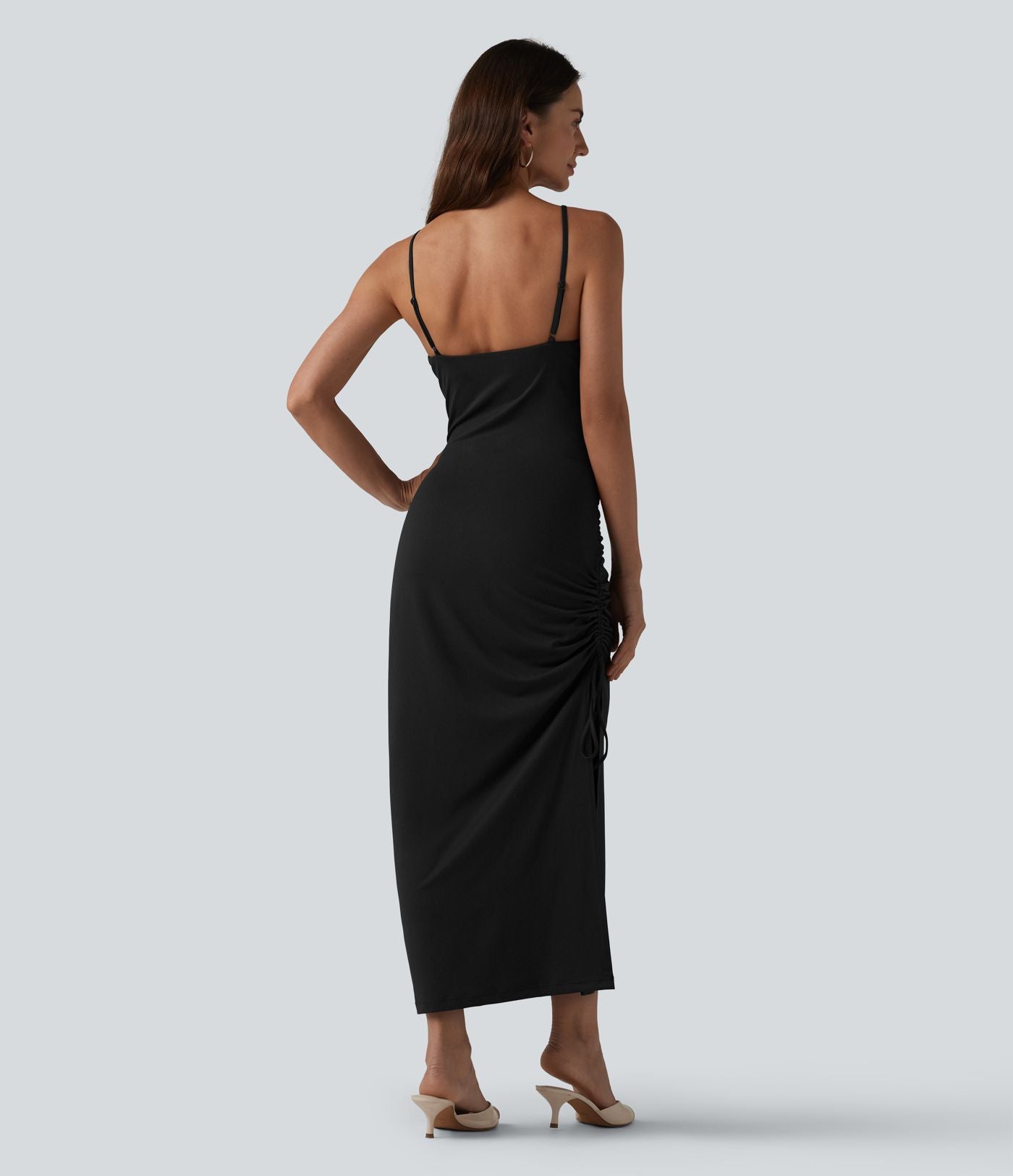 Robe midi moulante à col en V rembourrage non amovible et fronces à cordon
