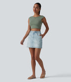 Jupe décontractée taille haute en denim imprimé, molleton français, avec poches