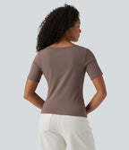 T-shirt casual manches courtes col bateau maille côtelée