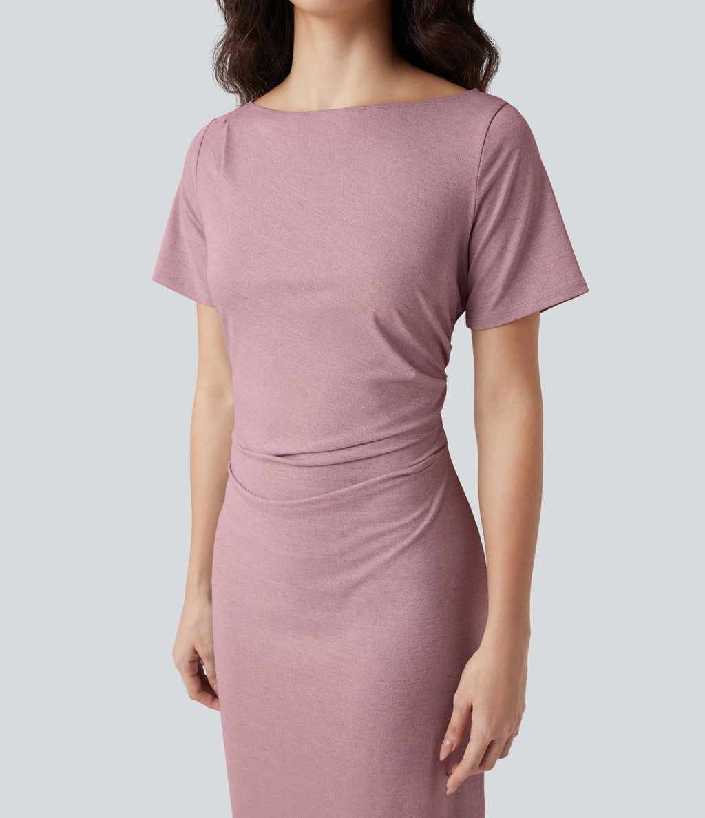 Robe tailleur mi-longue moulante manches courtes froncée