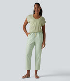 Pantalon casual en coton et lin coupe fuselée taille haute avec poches
