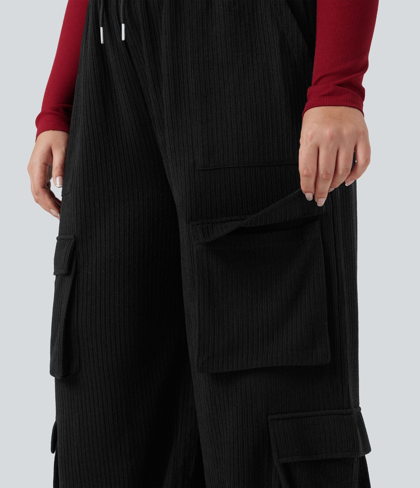 Pantalon cargo décontracté grande taille, ample, côtelé, taille mi-haute, à cordon, avec poches