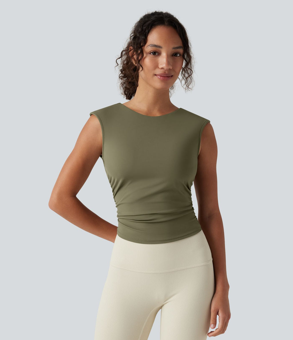 Débardeur de yoga SoftlyZero™ Airy col bateau ajouré froncé effet frais InstantCool avec brassière intégrée