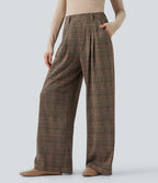 Pantalon taille haute décontracté large à carreaux, avec poches