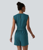 SoftlyZero™ QuickDry Combinaison-short yoga col rond sans manches avec découpe dos et poches — Easy Peasy