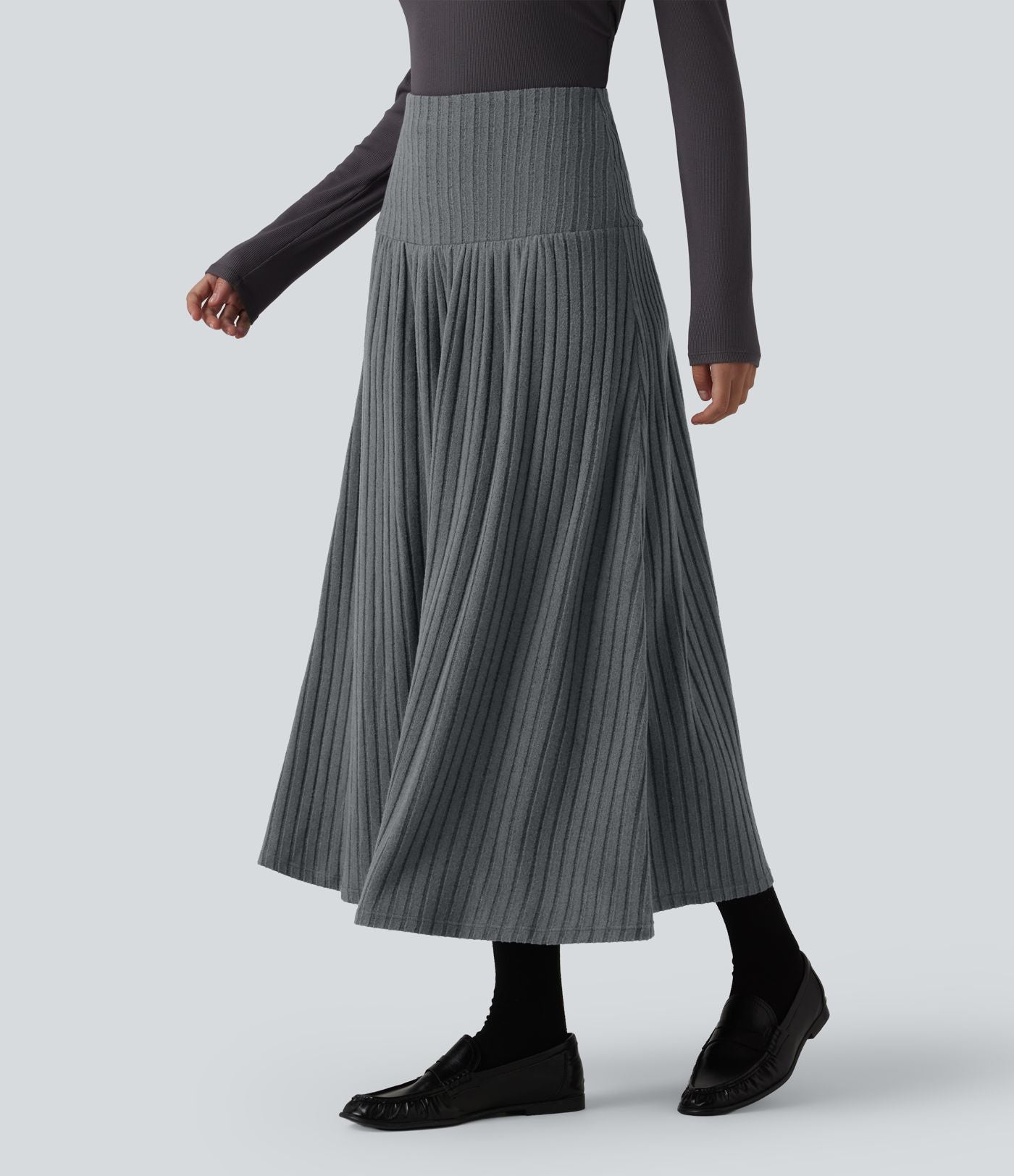 Jupe tailleur midi trapèze taille haute en maille côtelée