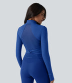 SoftlyZero™ Plush Veste de yoga col montant à manches longues avec trous pour les pouces, dos torsadé, empiècements en mesh respirant et poches