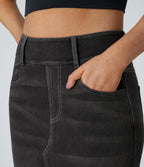 Halara Flex™ Jupe en Jean Casual Mi-Longue Délavé Extensible Plusieurs Poches Taille Haute