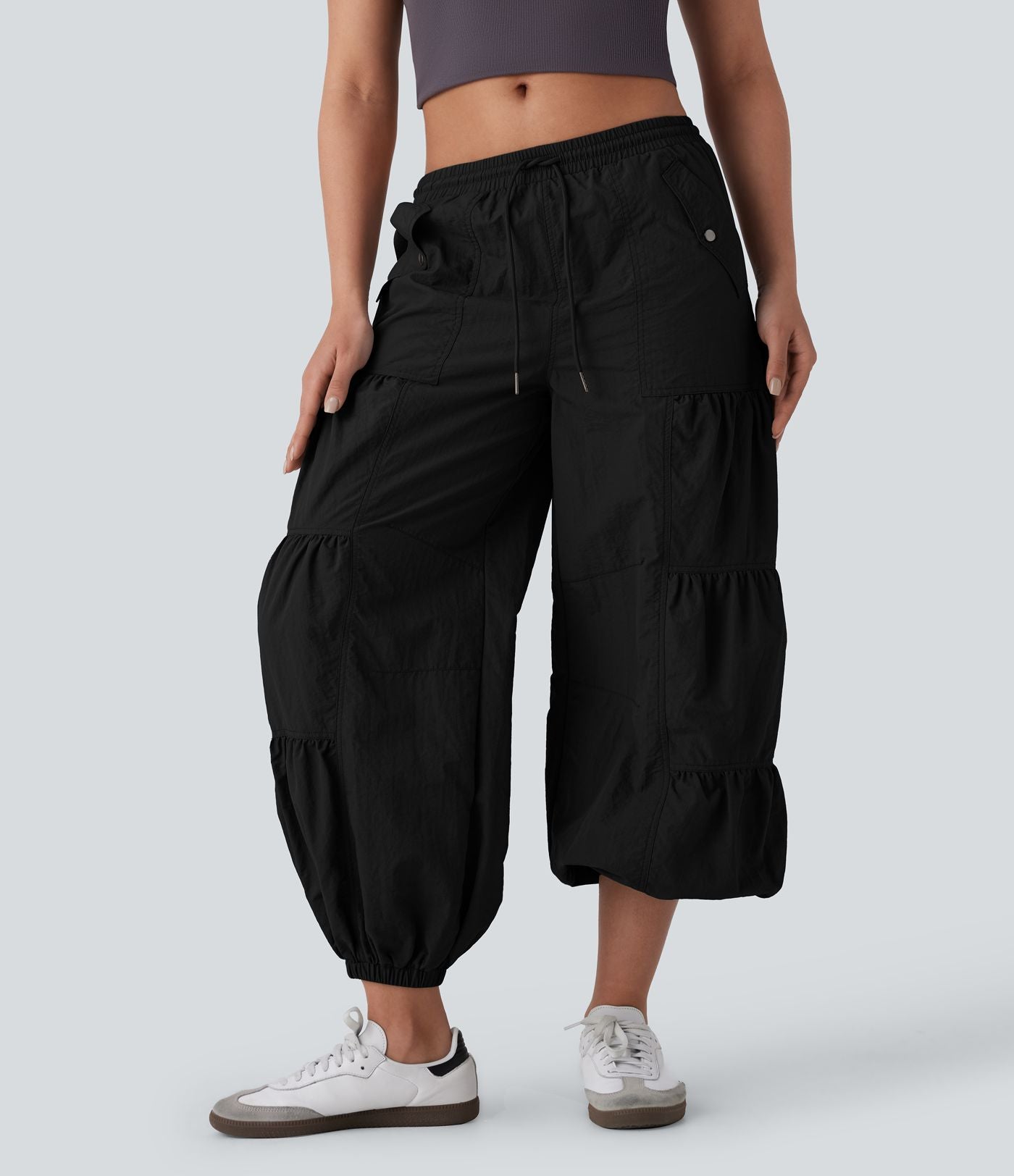 Jogging cargo décontracté parachute taille moyenne à cordon avec poches latérales et fronces