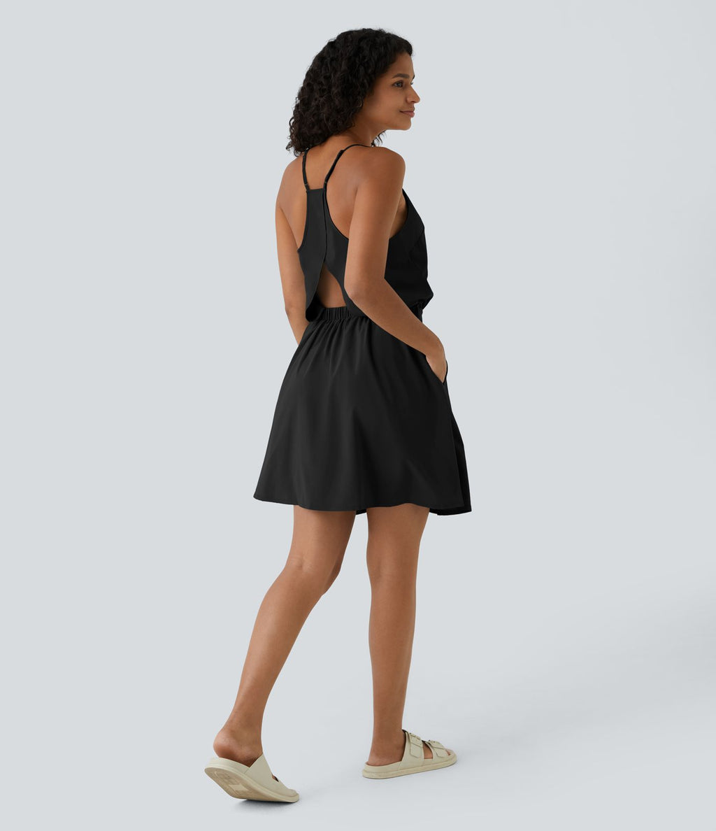 Breezeful™ Robe Casual Plissée à Bretelles Réglables Mini Dos Nu Découpée Poche Latérale Séchage Rapide