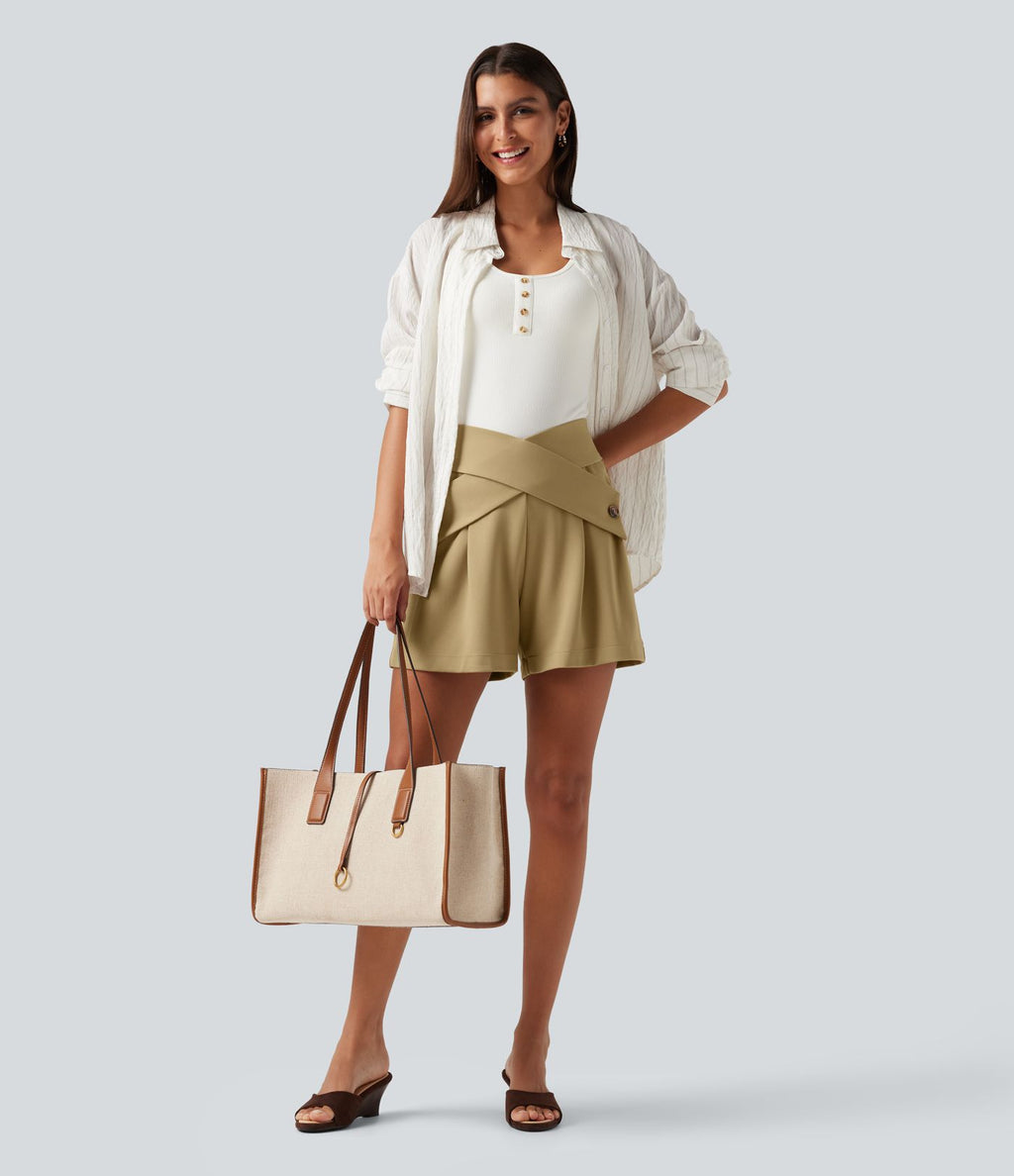 Short habillé taille très haute croisée avec poches, 10 cm