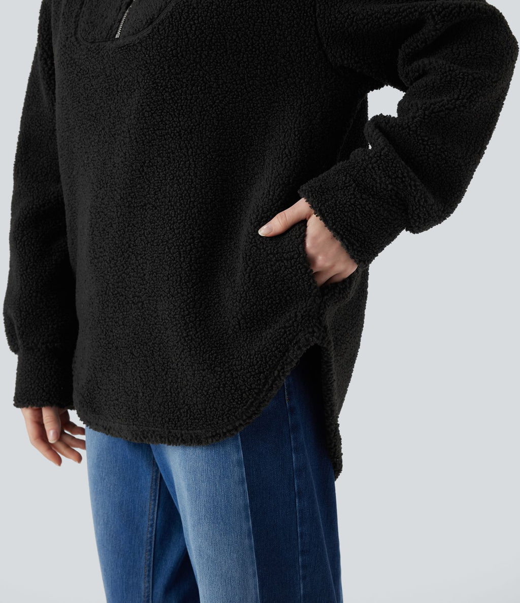 Sweat-shirt sherpa oversize à capuche et demi-zip avec ourlet arrondi et poches