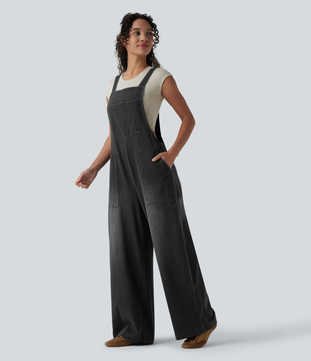 Salopette denim Halara Flex™ col carré effet délavé avec poches