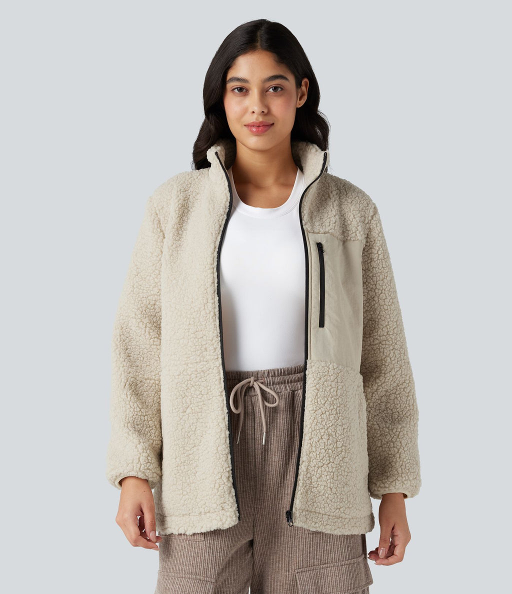 Veste teddy randonnée col montant décontractée avec fermeture éclair et poches