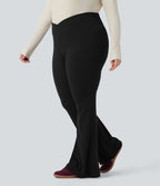 Pantalon décontracté grande taille croisé, évasé en maille gaufrée, taille haute, avec poches