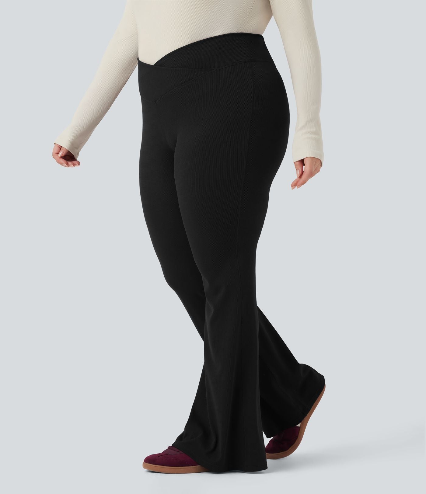 Pantalon décontracté grande taille croisé, évasé en maille gaufrée, taille haute, avec poches