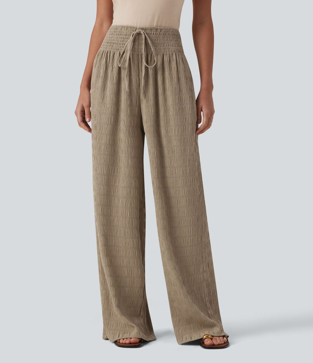 Pantalon large casual texturé taille mi-haute avec cordon de serrage et poches – Style resort