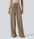 Pantalon large casual texturé taille mi-haute avec cordon de serrage et poches – Style resort