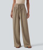 Pantalon large casual texturé taille mi-haute avec cordon de serrage et poches – Style resort