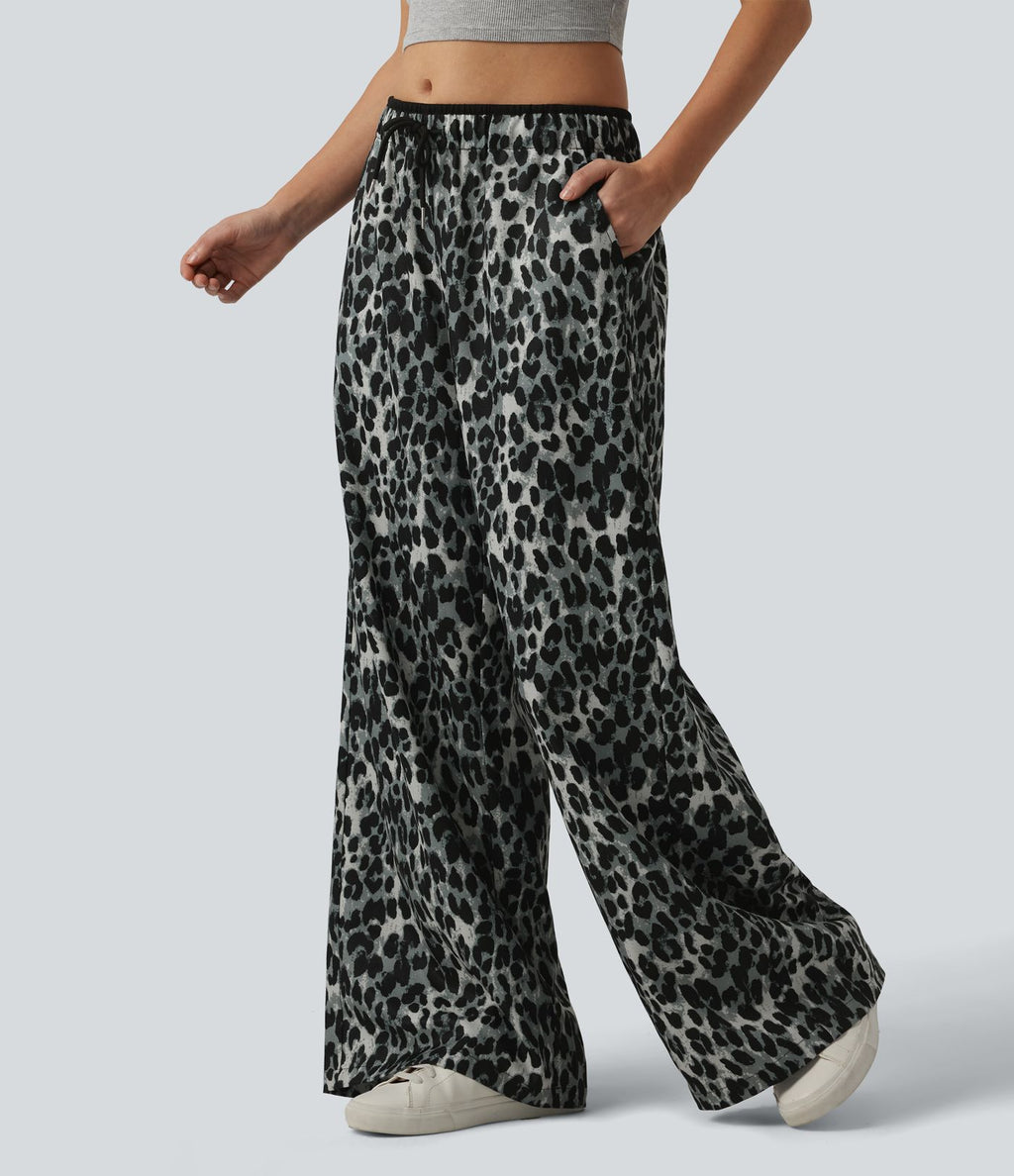 Pantalon large décontracté imprimé léopard taille basse avec cordon de serrage et poches