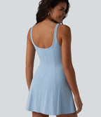 Robe mini casual sans manches à col U, volants, fronces et soutien-gorge intégré avec poches
