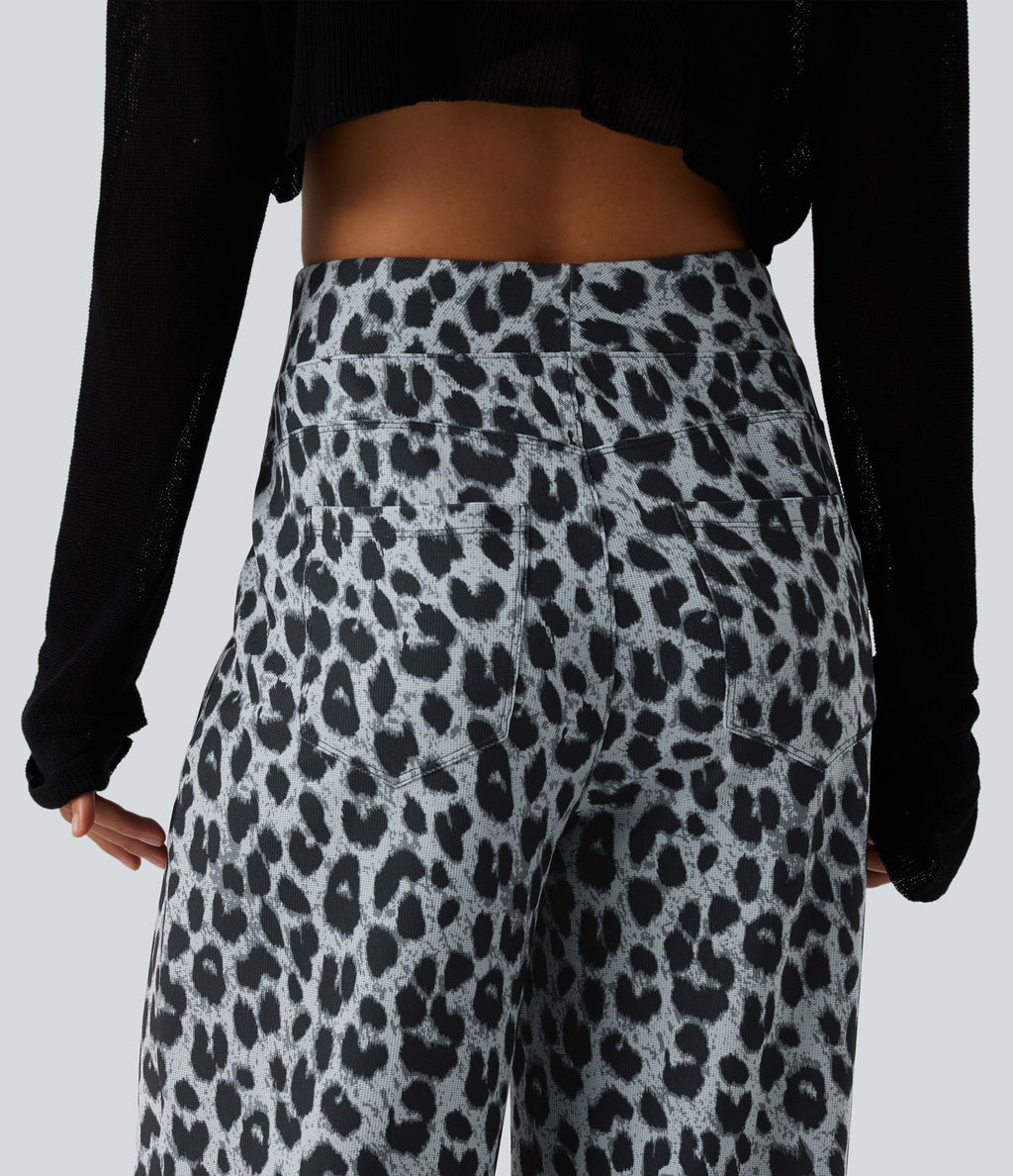 Pantalon large décontracté taille haute gaufré imprimé léopard avec poches