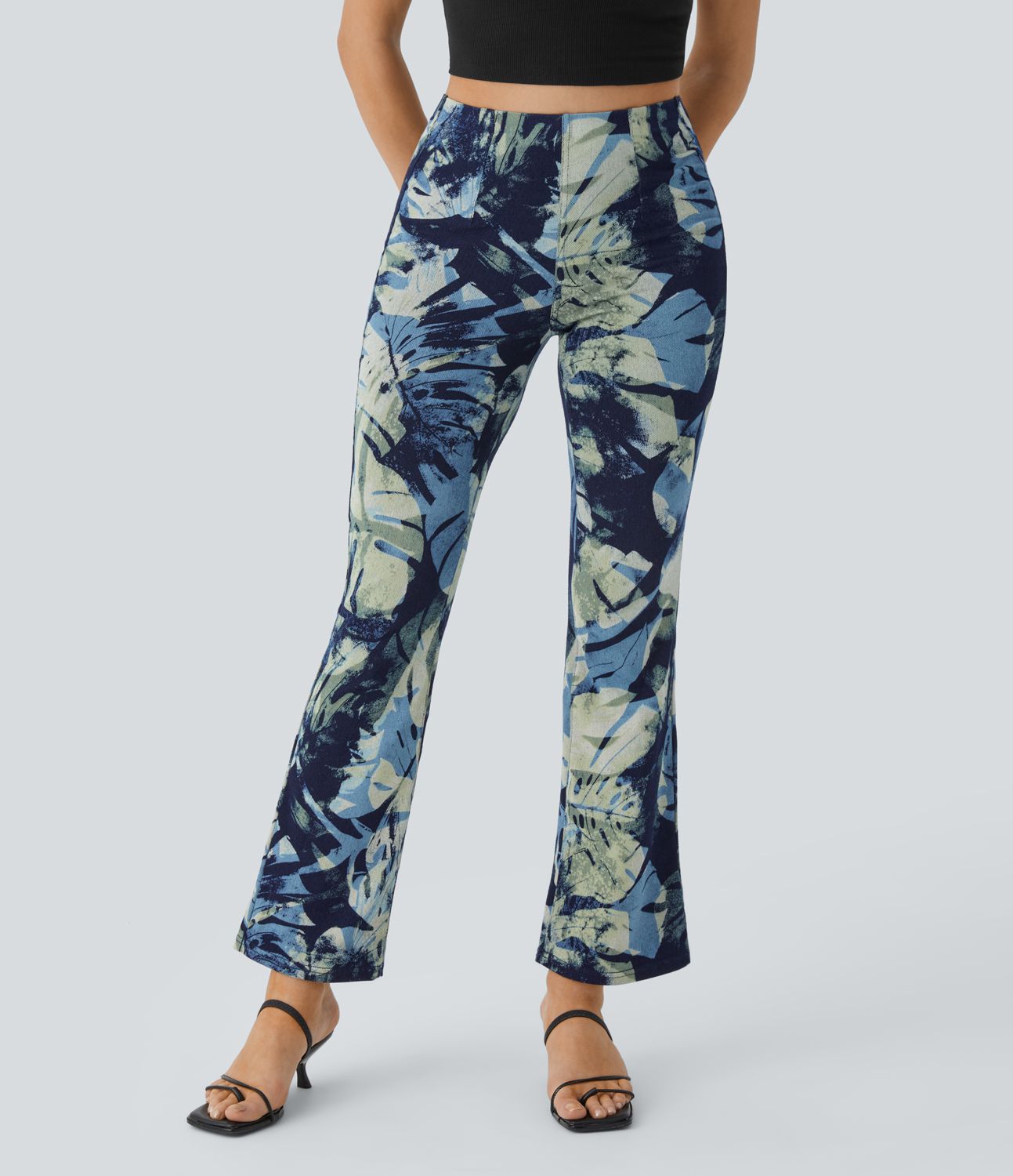 Halara Flex™ Legging Casual Taille Haute en Denim Tricoté Extensible avec Imprimé Floral Poche Arrière Effet Léger Évasé et Taille Élastique