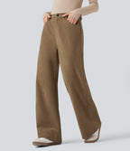 Pantalon large décontracté en velours côtelé taille haute avec poches