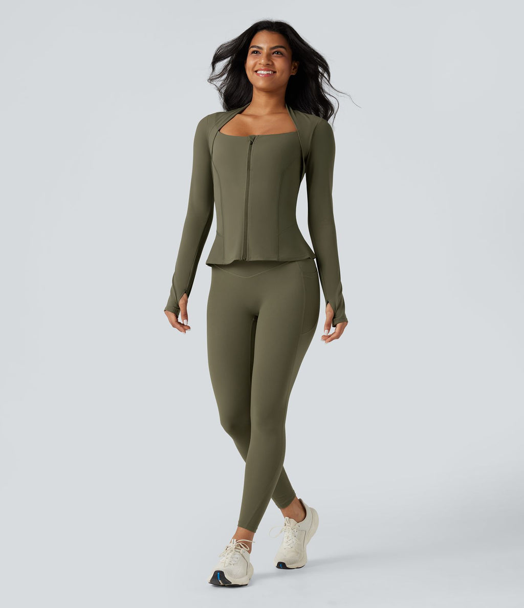 Veste yoga push-up zippée à manches longues avec passants pouces et ourlet à volants Halara UltraSculpt™