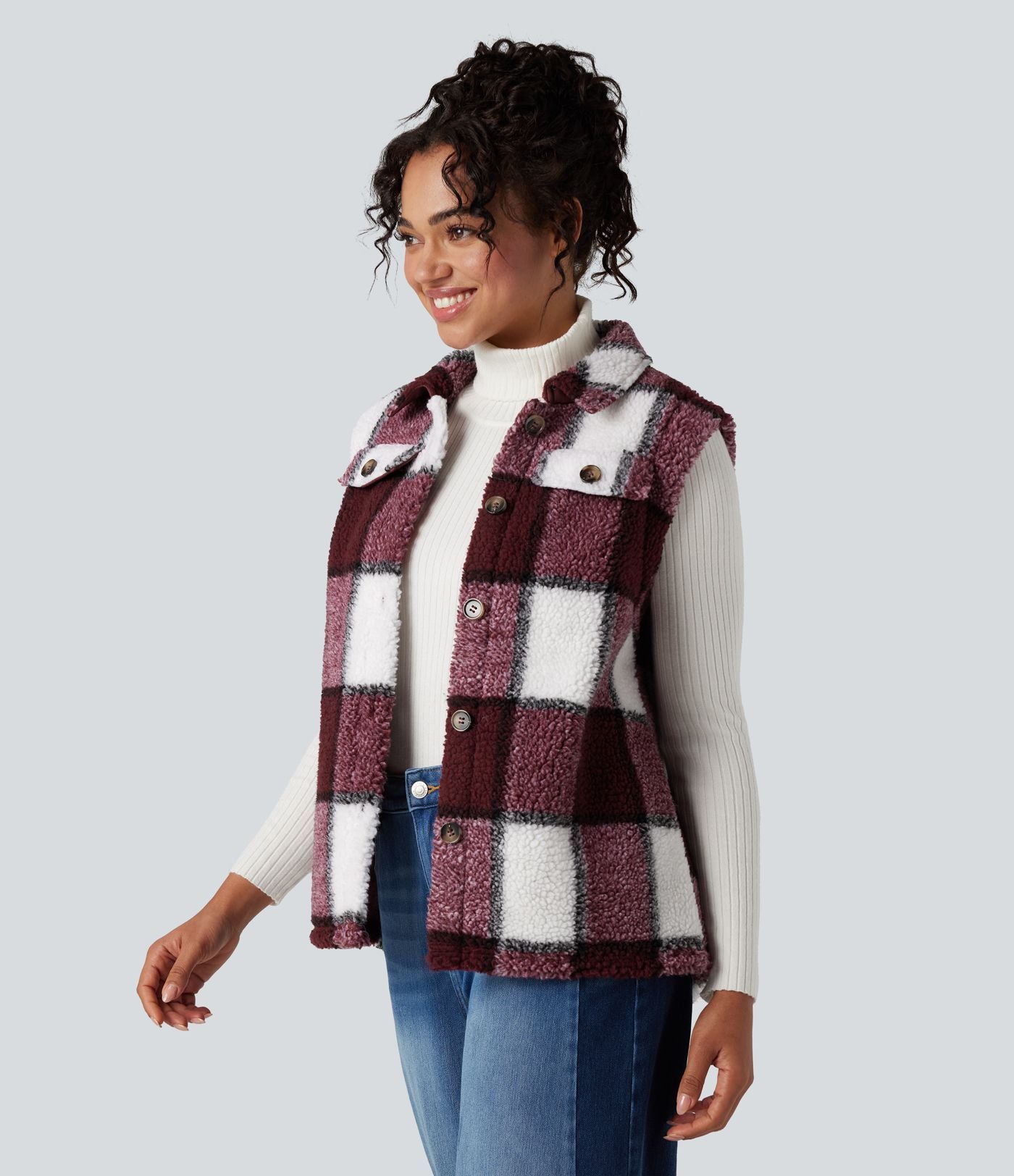 Gilet sherpa à carreaux ourlet arrondi