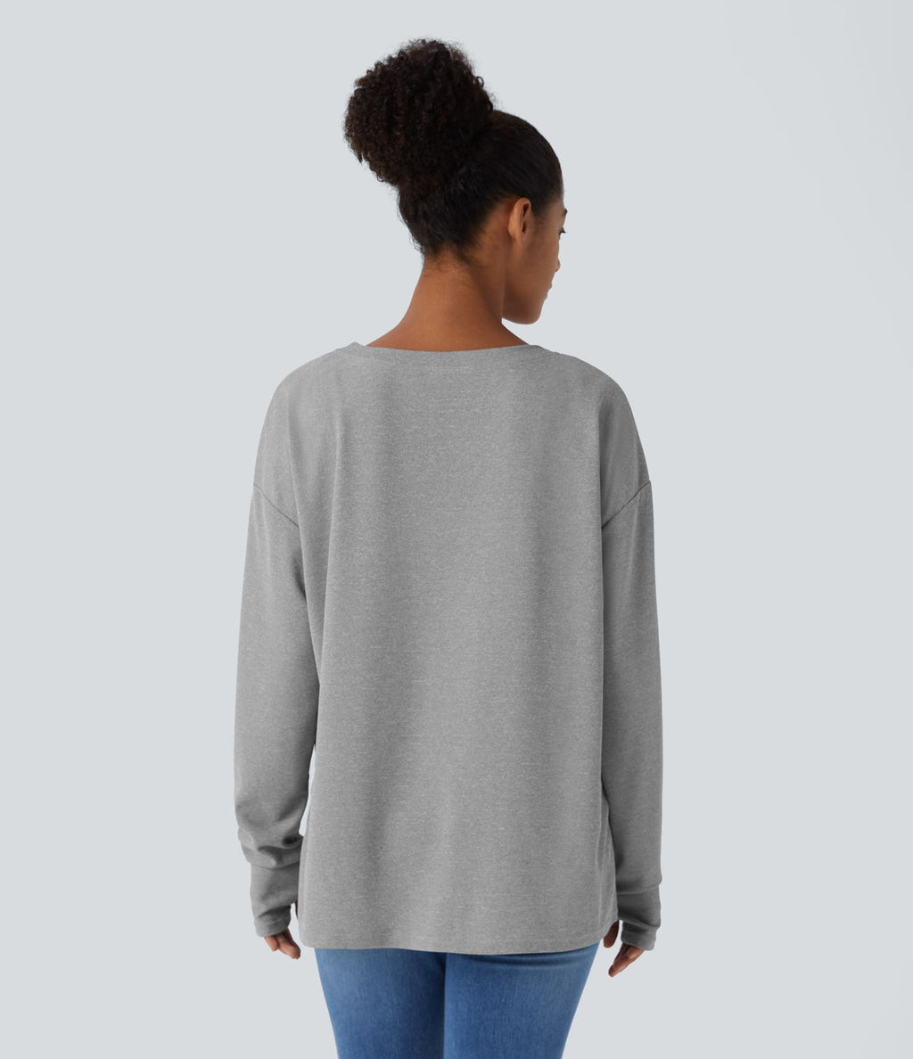 Sweatshirt Casual Waffle à Boutons Devant avec Trou Pouce et Fente