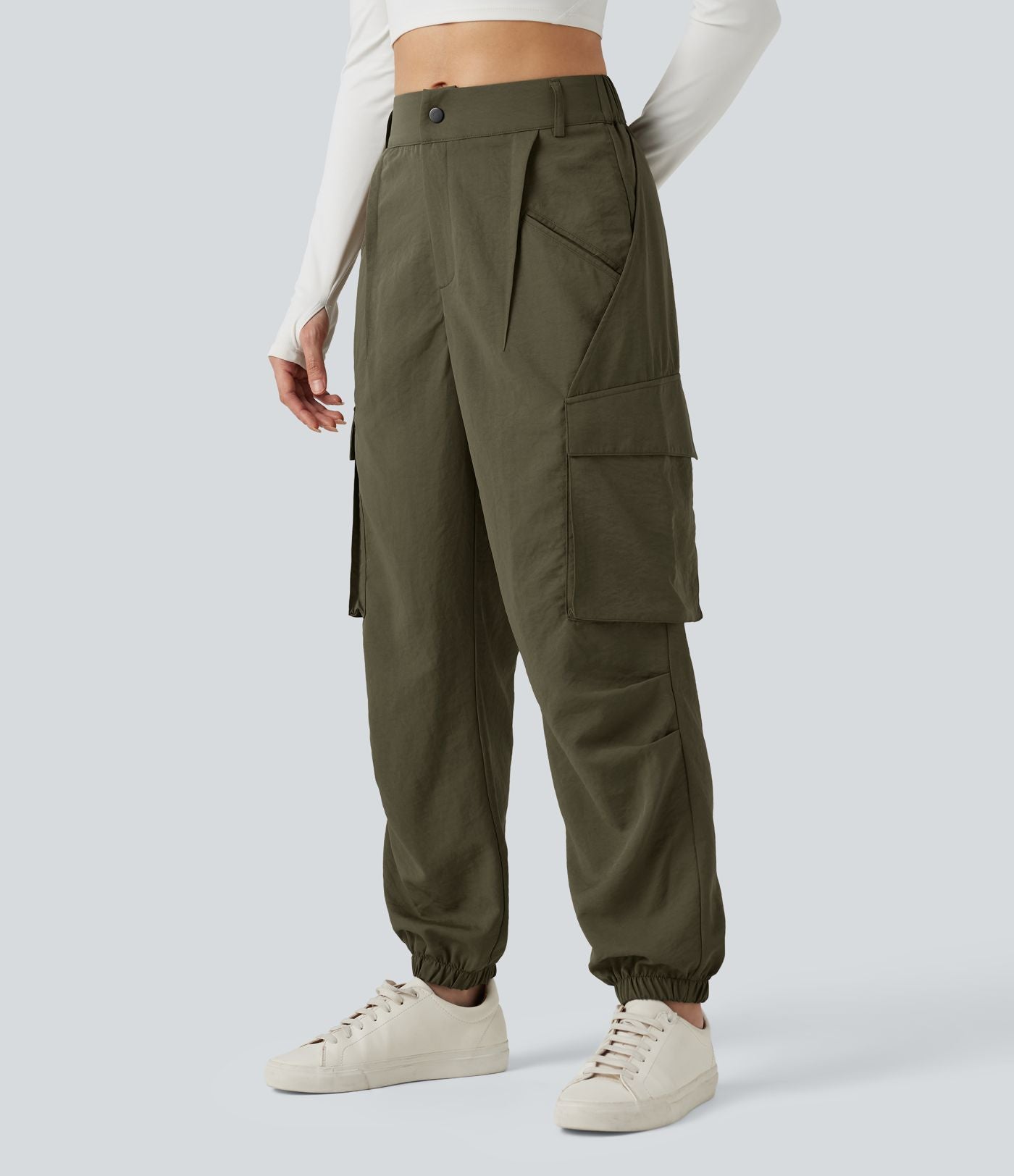 Jogging cargo décontracté, taille moyenne, à poches