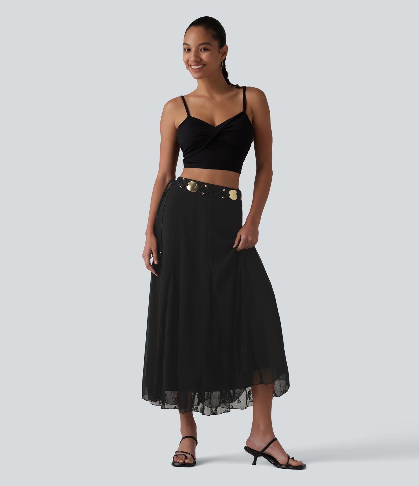 Jupe midi fluide taille haute en mousseline avec dentelle contrastée et fermeture éclair invisible