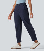 Pantalon coton fuselé taille mi-haute avec poches