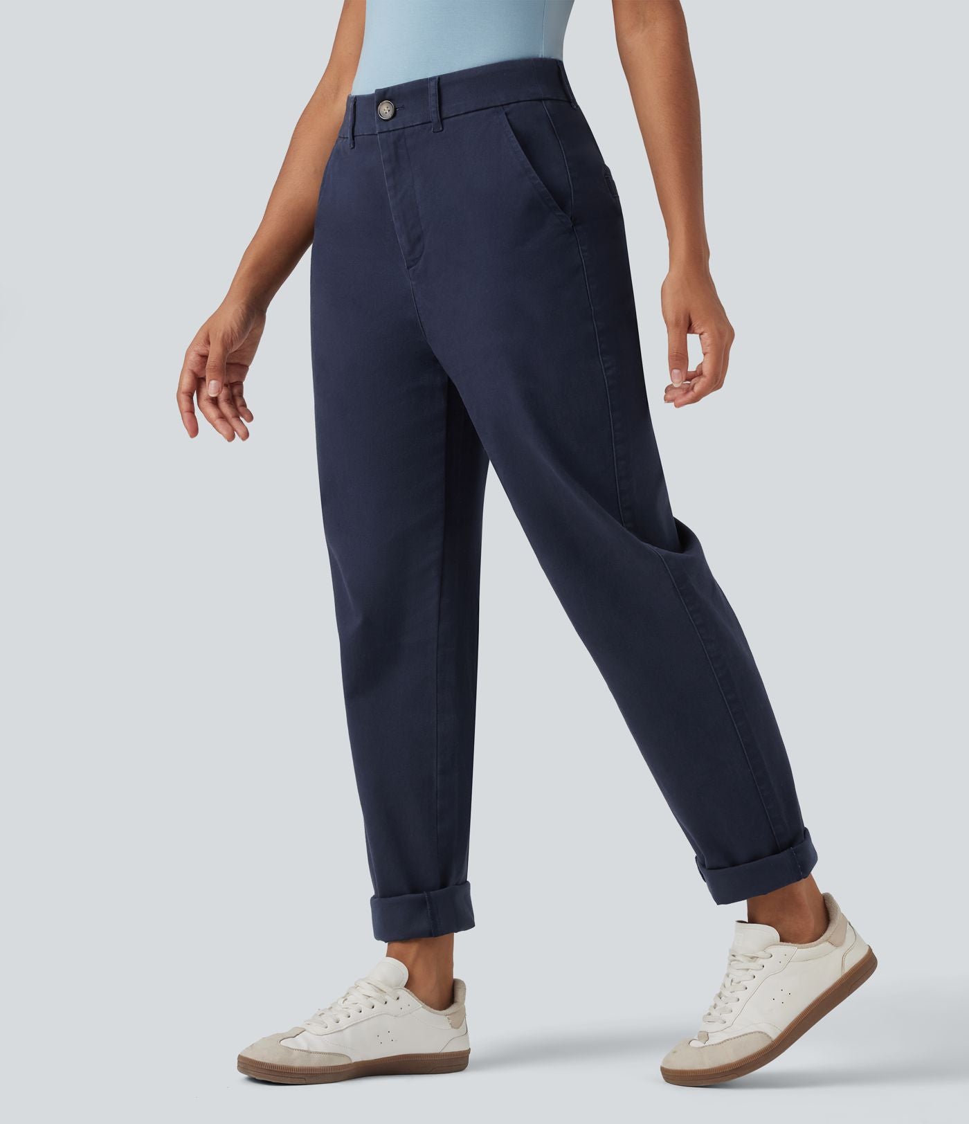 Pantalon coton fuselé taille mi-haute avec poches