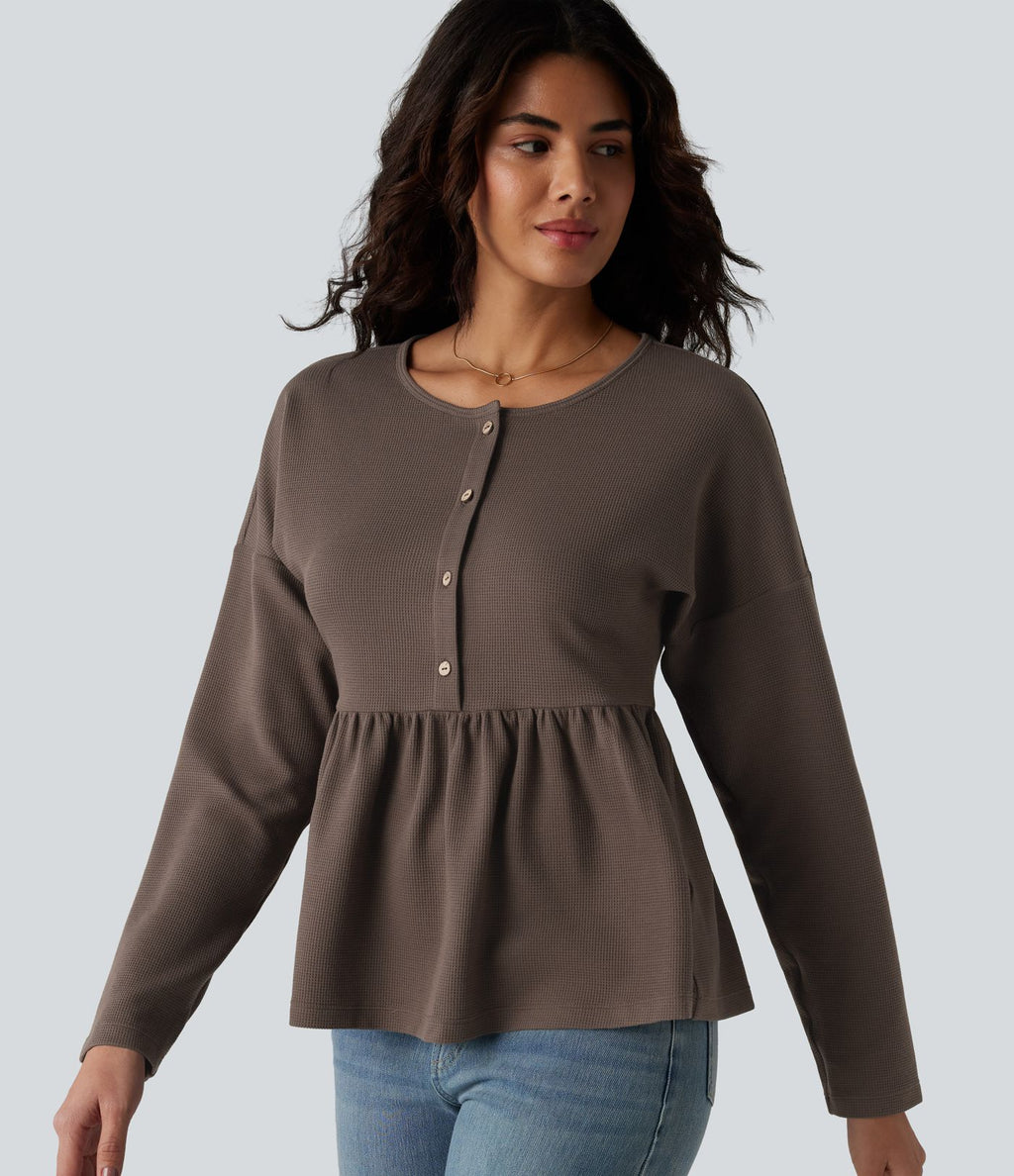 Haut casual babydoll Henley manches longues en tissu gaufré