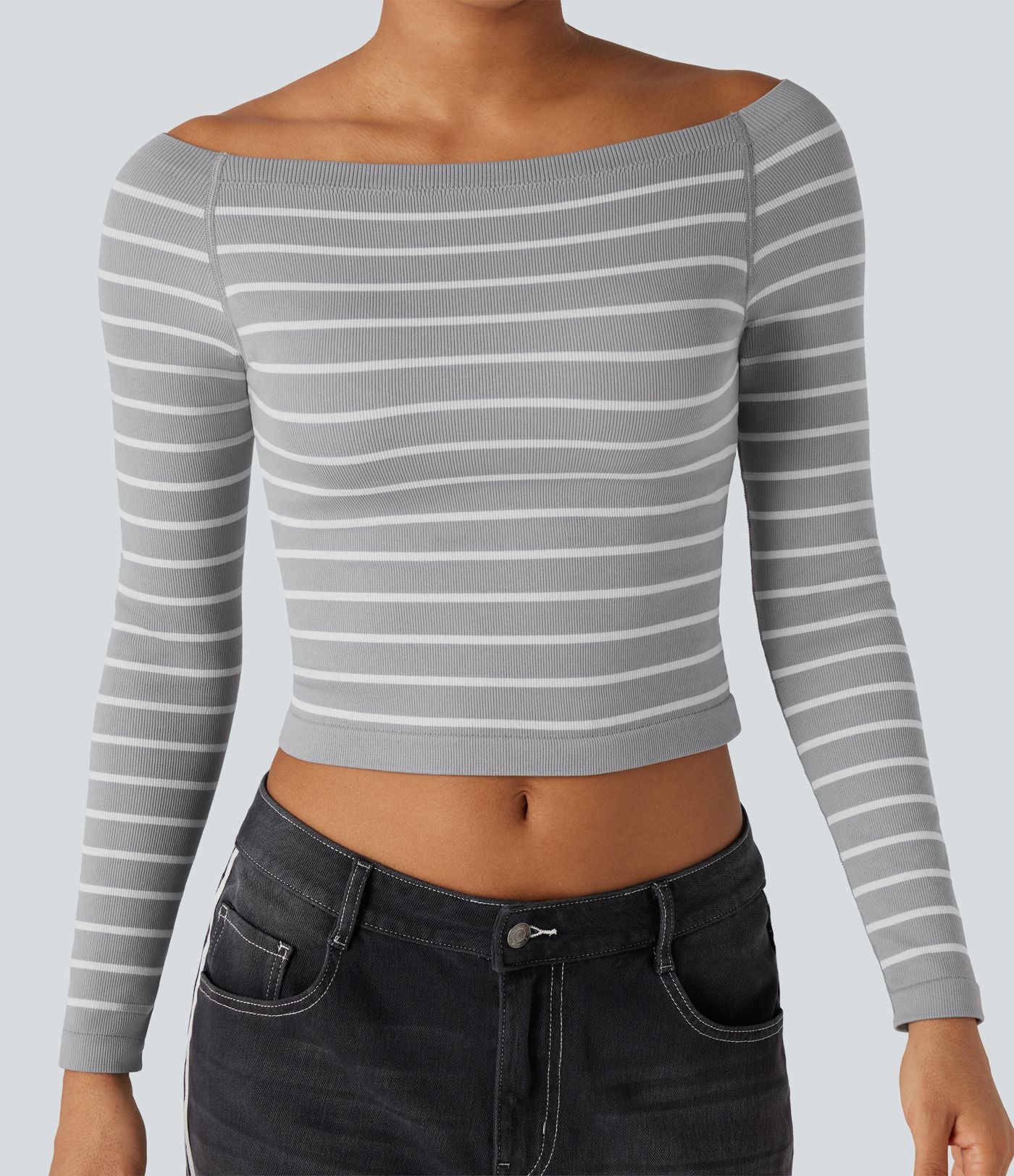 Haut de sport épaules dénudées manches raglan longues à rayures sans couture OneForm Seamless Flow