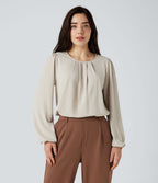 Blouse tailleur décontractée col rond dos keyhole manches bouffantes ourlet arrondi