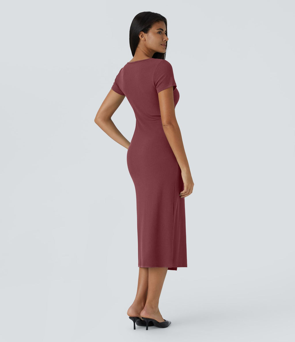Robe Chill Midi en Tricot Côtelé à Encolure en V Boutons et Fente