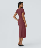 Robe Chill Midi en Tricot Côtelé à Encolure en V Boutons et Fente