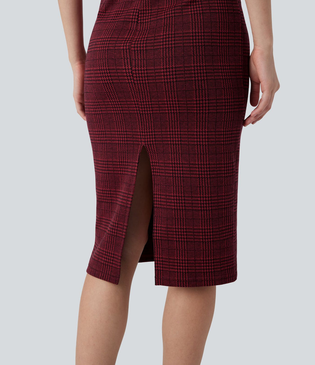 Robe de travail midi moulante sans manches col montant pied-de-poule à carreaux