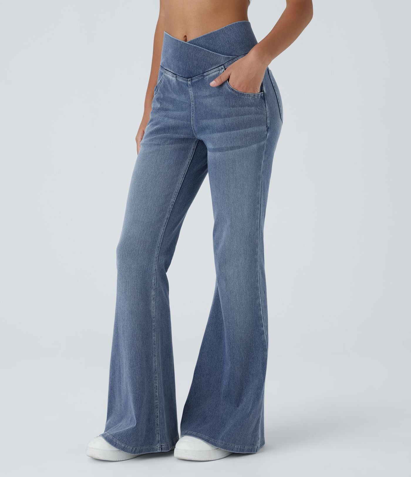 Halara Flex™ Jean Évasé à Taille Haute avec Poche Crossover Tissu Élastique Lavé