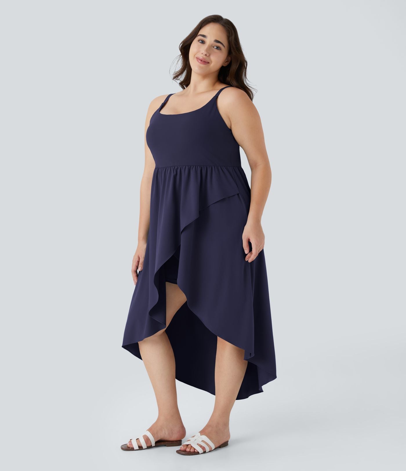 Breezeful ™ Dos Nu Asymétrique Ourlet Croisé 2 Pièces Poche Latérale Fluide Midi Séchage Rapide Casual Robe Grande Taille