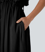 Robe Casual Maxi Flowy Encolure en V Profond Manches Papillon Dos Nu Cordon de Serrage Boutonnés Poches Latérales